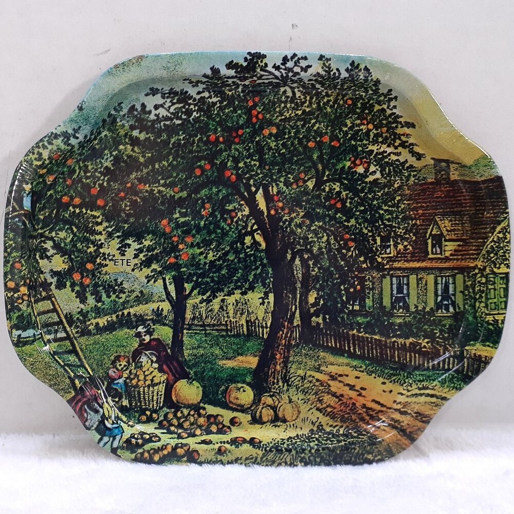 Vintage Action Industries Tin Tray Metal Plate Orchard Scene 1985 Hong Kong